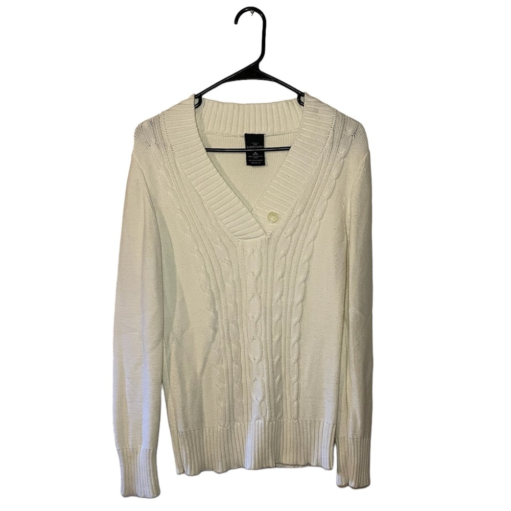 Faded Glory Cotton One Button V Neck Lightweight Pullover Sweater Cable Knit Med